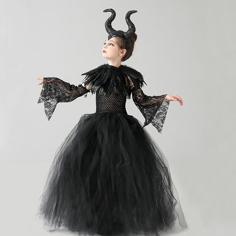 4Pcs Set Kids Girls Maleficent Cosplay Costume Dress Headband Outfits Halloween Carnival Suit