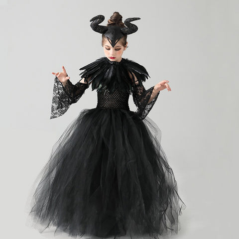 4Pcs Set Kids Girls Maleficent Cosplay Costume Dress Headband Outfits Halloween Carnival Suit