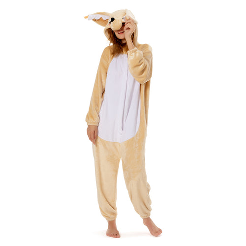 Adults Animal Pajamas Cartoon Fennec Fox Onesies Women Men Warm Flannel Hooded Sleepwear