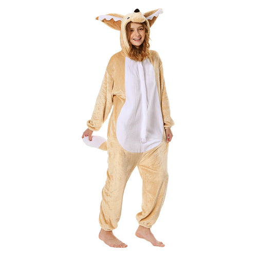 Adults Animal Pajamas Cartoon Fennec Fox Onesies Women Men Warm Flannel Hooded Sleepwear
