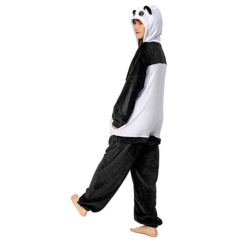 Adults Animal Pajamas Cartoon Panda Onesies Women Men Warm Flannel Hooded Sleepwear