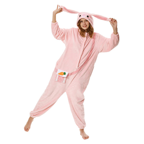 Adults Animal Pajamas Cartoon Rabbit Onesies Women Men Warm Flannel Hooded Sleepwear