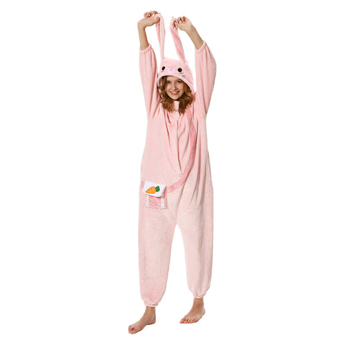 Adults Animal Pajamas Cartoon Rabbit Onesies Women Men Warm Flannel Hooded Sleepwear