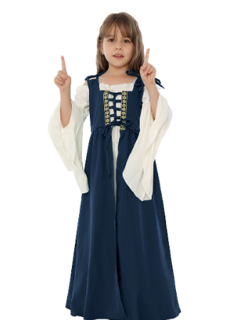 Medieval Renaissance Costume: Kids Square Collar Retro Dress Female Outfits Halloween Costume