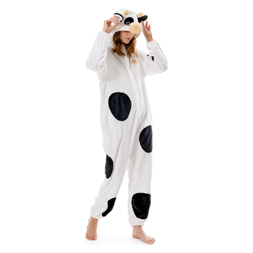 Cartoon Animal Cow Pajamas Onesies Sleepwear Flannel Jumpsuits Outfits Halloween Carnival Suit
