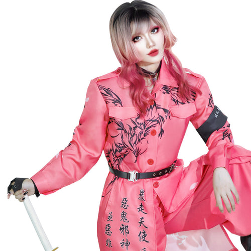 Japanese Bosozoku Kimono Cosplay Costume Pink Coat Pants Outfits Halloween Carnival Suit