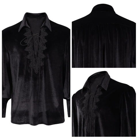 Medieval  Gothic Vampire  Cosplay Costume Black Lace Lacing Up Shirt Halloween Carnival Party Suit