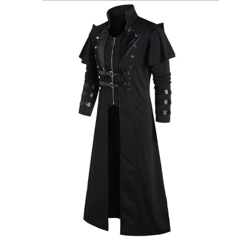 Medieval Mens Coat Long Jacket Gothic Steampunk Hooded Trench Cosplay Costume
