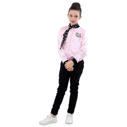 SeeCosplay Movie Grease Pink Ladies Silks and Satins Jacket Black Beam Kids