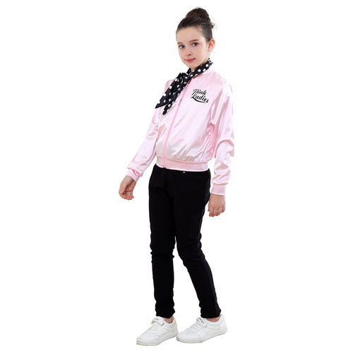 SeeCosplay Movie Grease Pink Ladies Silks and Satins Jacket Black Beam Kids