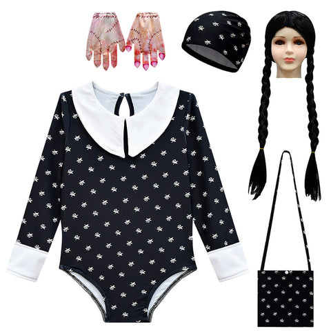 Vaianie Wednesday Swimsuit Kids Girls Addams Costume Cosplay Skirt Wig Bag Cap Full Set Swimwear Bikini Bathing Outfit (Style 3, 110)