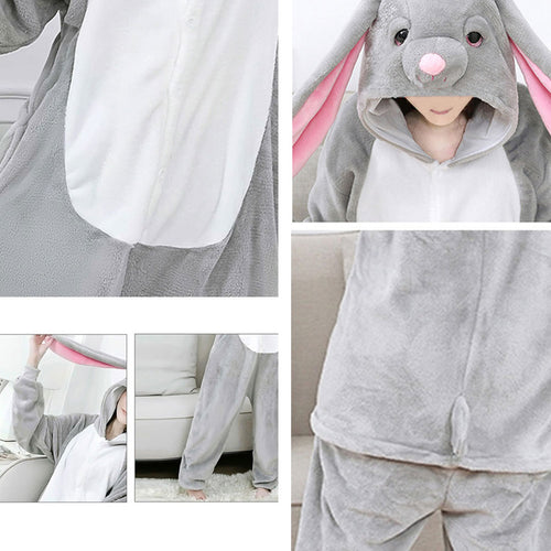 Winter Women Men Adults Pyjama Cartoon Rabbit Onesies Pajamas Long Ear Bunny One-Piece Flannel Nightie Sleepwear