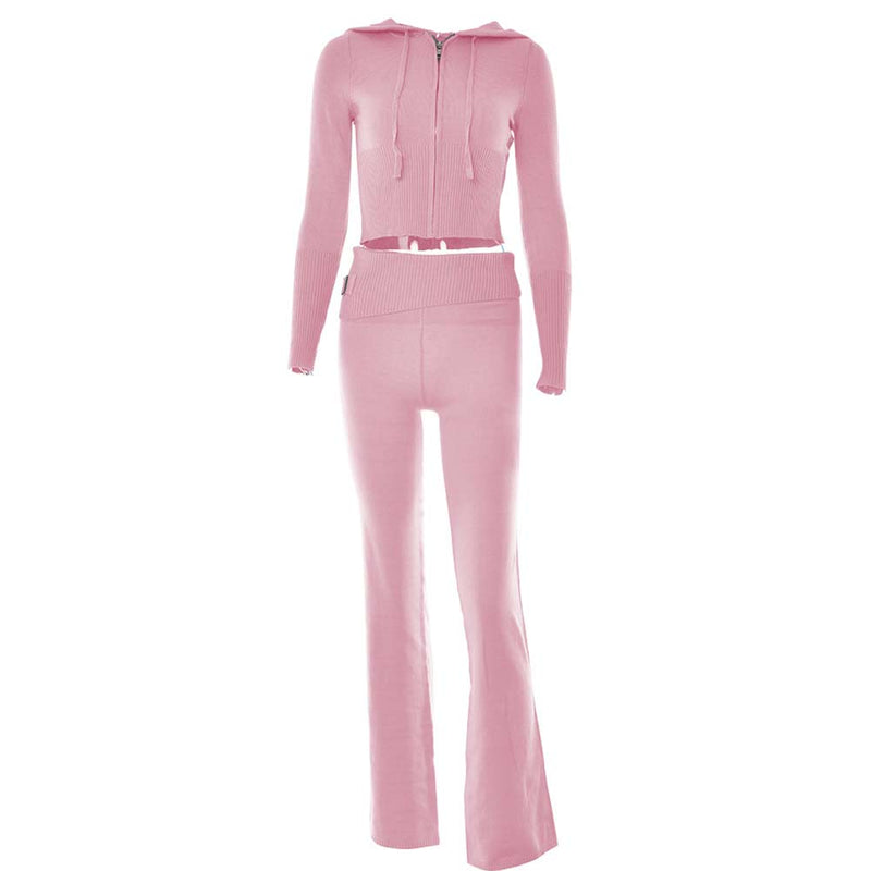 Y2k Women Spring Autumn Outfits Pink Top Casual Zipper Sweater Hoodie Set High Waist Flare Pants Suits Two Piece Set