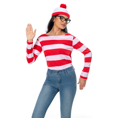Zhinina Wally cosplay Halloween costume found Wally 3-piece T-shirt, glasses, hat, lover costume, adult cosplay event, stage performance, costume, Christmas, school garden, festival, cultural festival