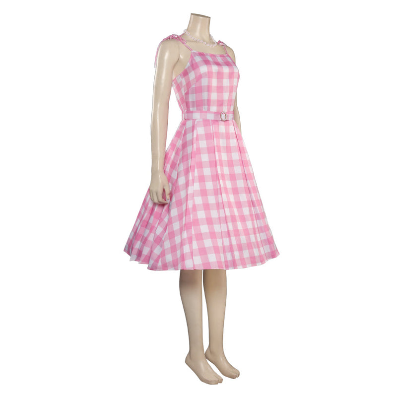SeeCosplay BarB Pink Style Movie Margot Robbie Kids Girls Pink Plaid Long Dress Halloween Carnival Cosplay Costume BarBStyle