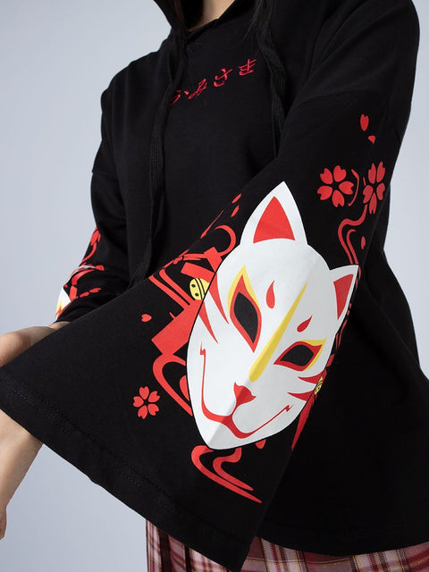 Sakura Fox Mask Print Drawstring Hoodie mp006002