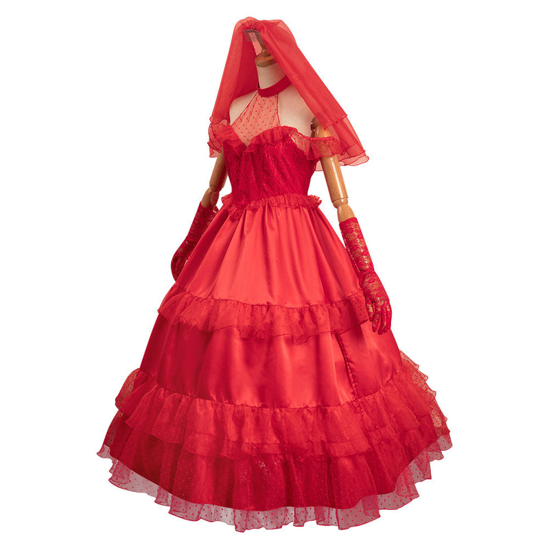 Beetlejuice Lydia Deetz Original Design Red Silks Sexy Adult Wedding Dress Party Carnival Halloween Cosplay Costume Female