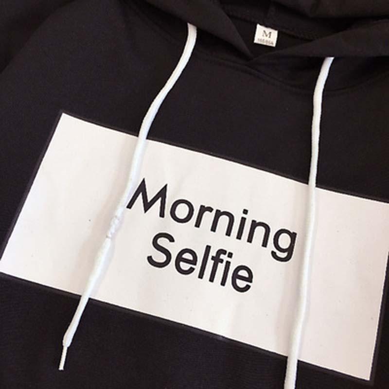 Fake Two-piece Tee Stripe Letter Print Morning Selfie Hoodie Female