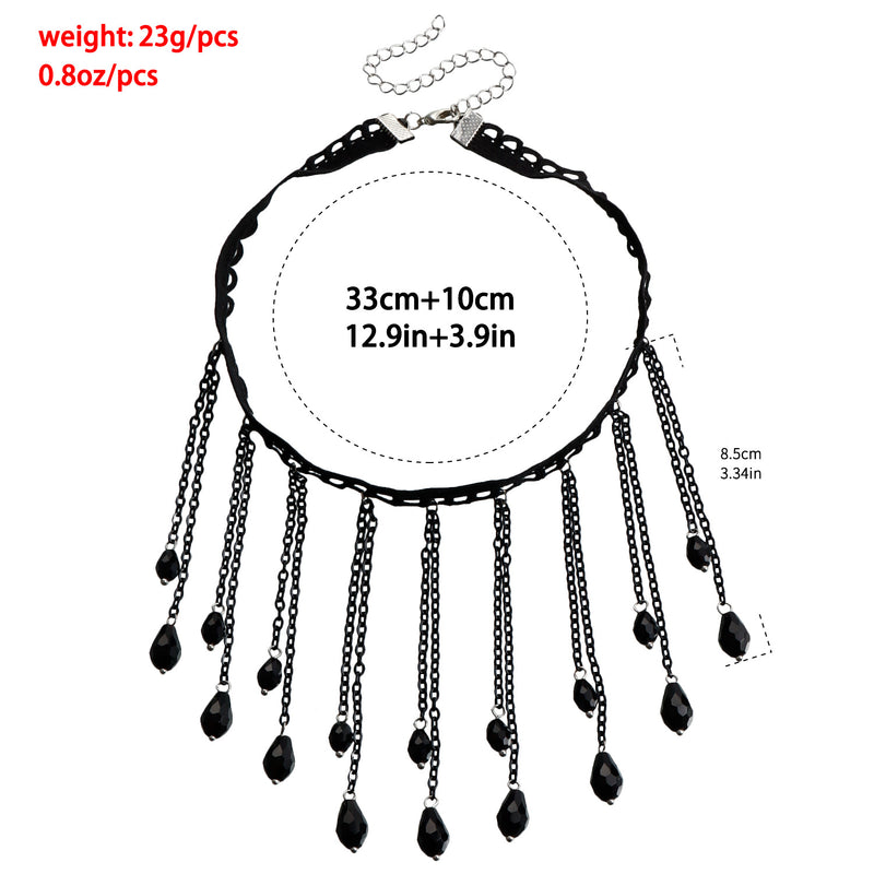 French black crystal Goth wind drop fringe necklace lace choker collar(Discount product)