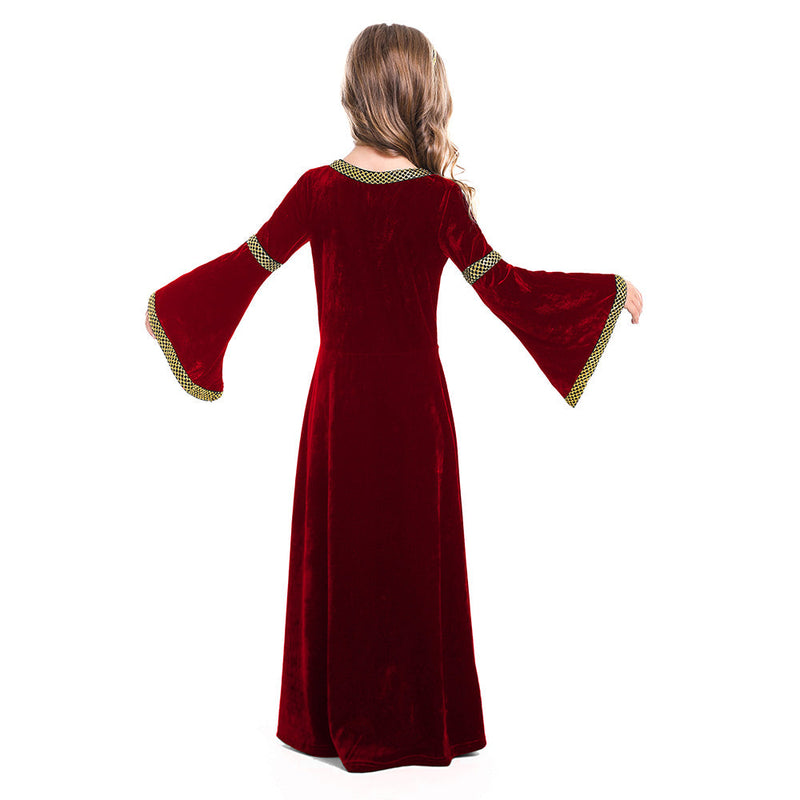 Purim costumes  Retro Medieval Kids Girls Red Dress Party Gown Costume Outfits Halloween Carnival Party Suit GirlKidsCostume