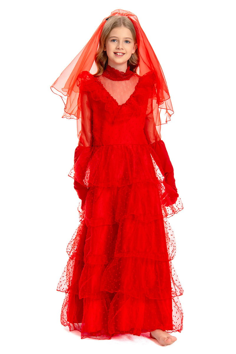 [Full In Stock] BeetleJuice: Kids Lydia Deetz Cosplay Bride Costume Winona Ryder Kids Version Linda Red Wedding Dress Costume Outfits Halloween Carnival Suit