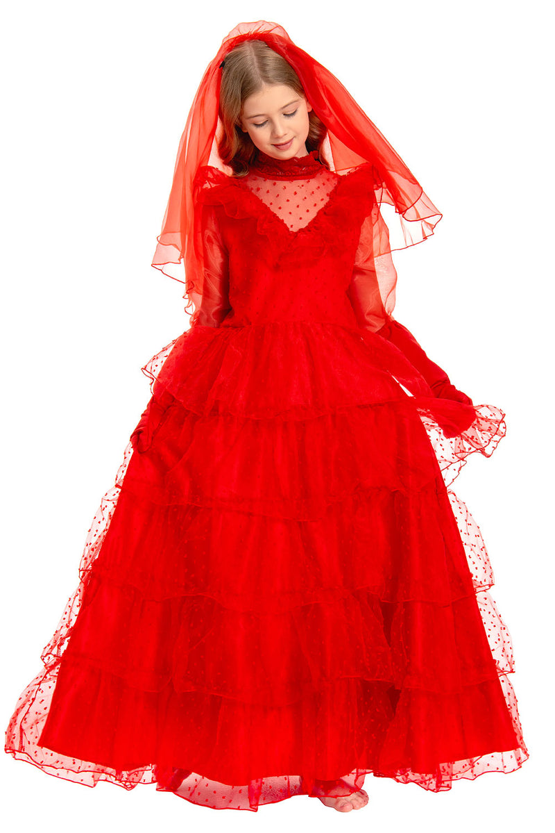 [Full In Stock] BeetleJuice: Kids Lydia Deetz Cosplay Bride Costume Winona Ryder Kids Version Linda Red Wedding Dress Costume Outfits Halloween Carnival Suit