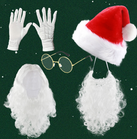 Christmas Costume：Santa Claus wig beard Hat Gloves Glasses Halloween Costume Accessories