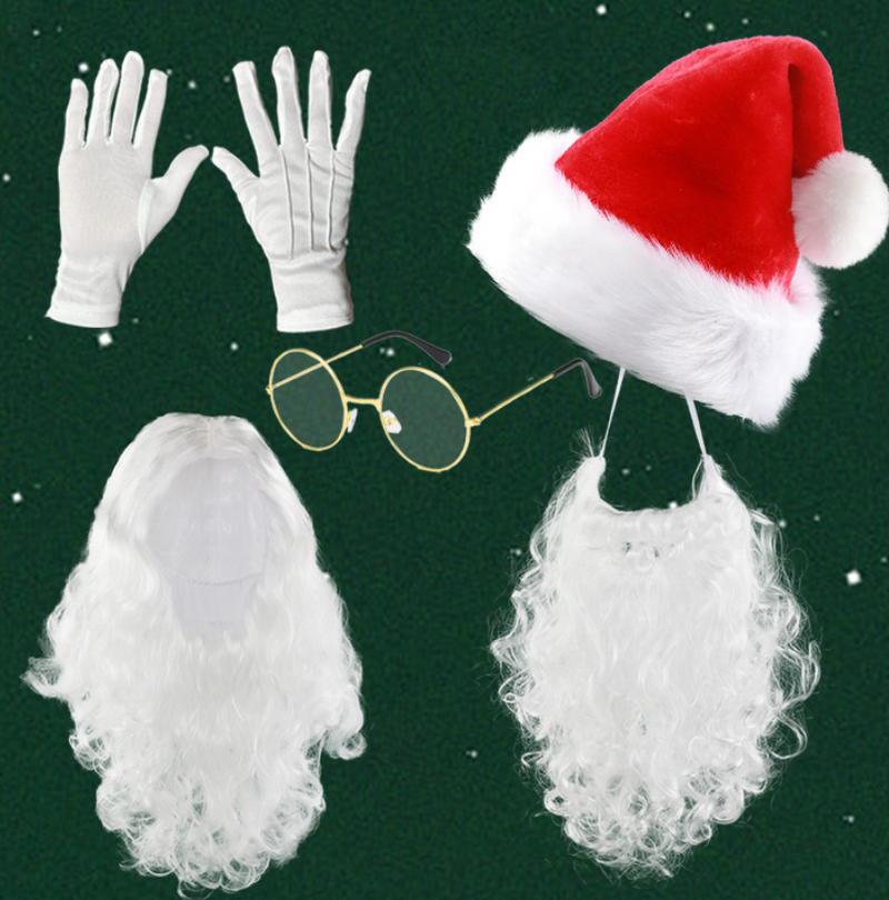 [Full In Stock] Christmas Costume：Santa Claus wig beard Hat Gloves Glasses Halloween Carnival Costume Accessories