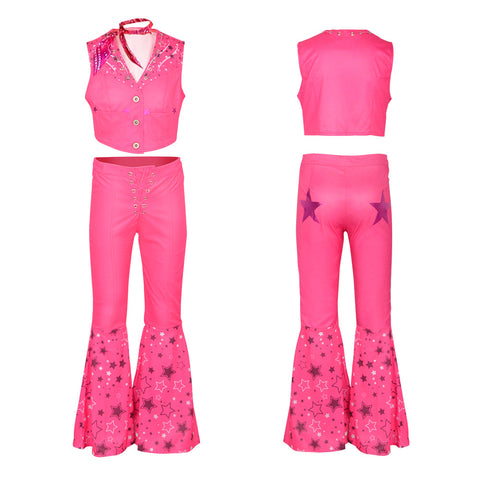 SeeCosplay 2023 Movie Kids Girls Pink Flared Pants Set Cosplay Costume 70S 80S Retro Hippes Outfits