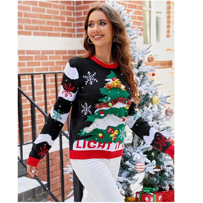 2024 Christmas Women‘s Sweater Christmas Tree Print Pullover Cosplay Costume Outfits Halloween Carnival Suit