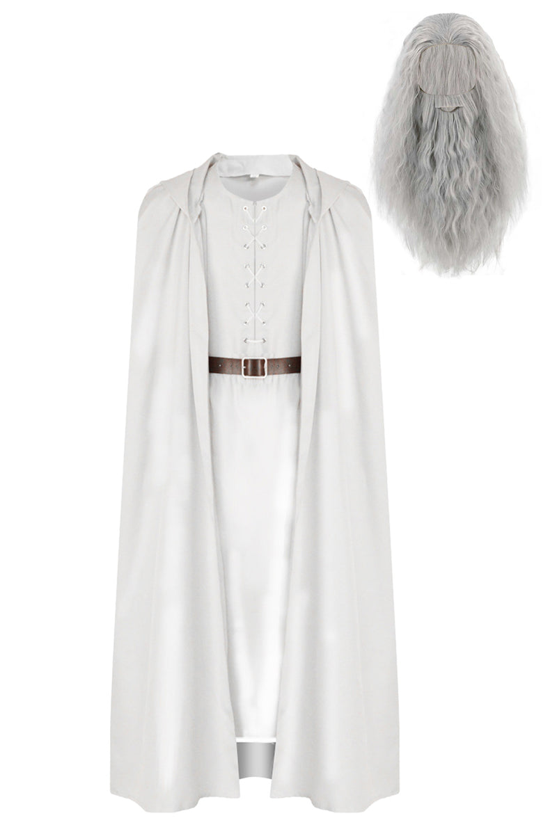 Seaehey Gandalf: Cosplay Costume White Hooded Cloak Magic Coat Long Tunic Tops And Belt Set Gandalf White Costume Medieval Donut Cloak For Halloween