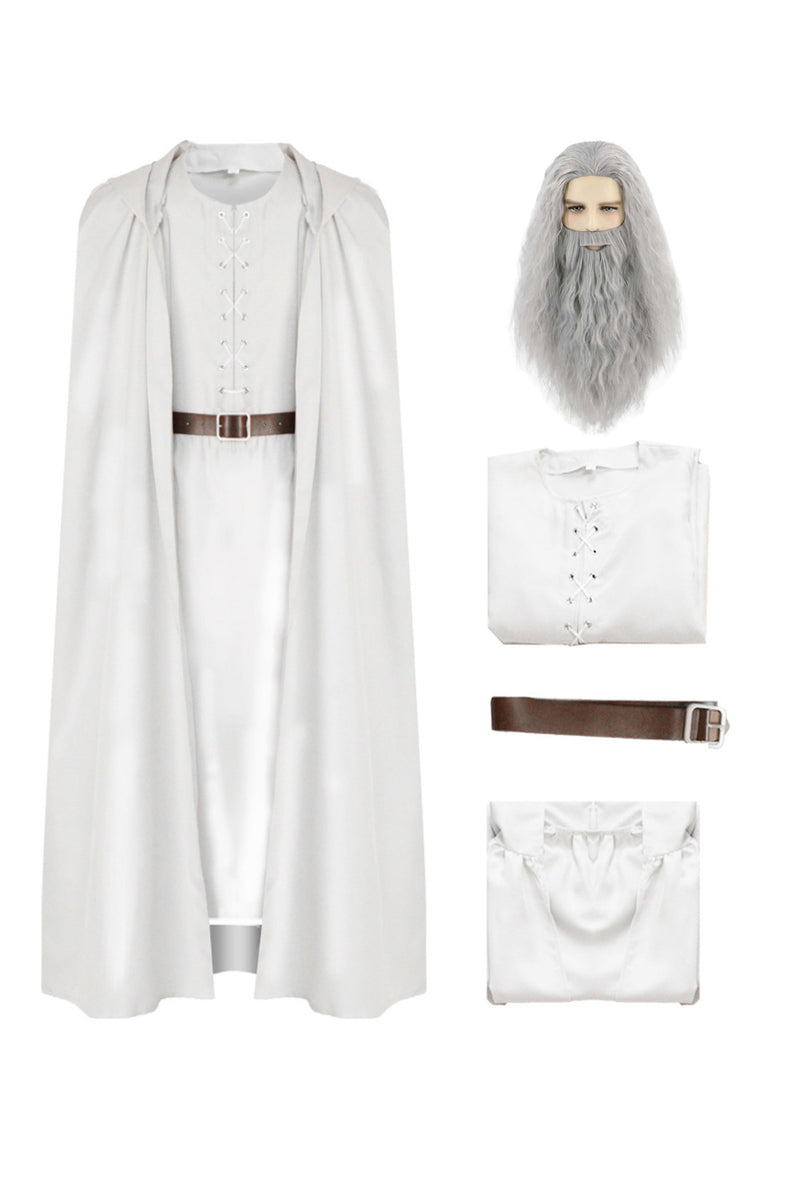 Seaehey Gandalf: Cosplay Costume White Hooded Cloak Magic Coat Long Tunic Tops And Belt Set Gandalf White Costume Medieval Donut Cloak For Halloween