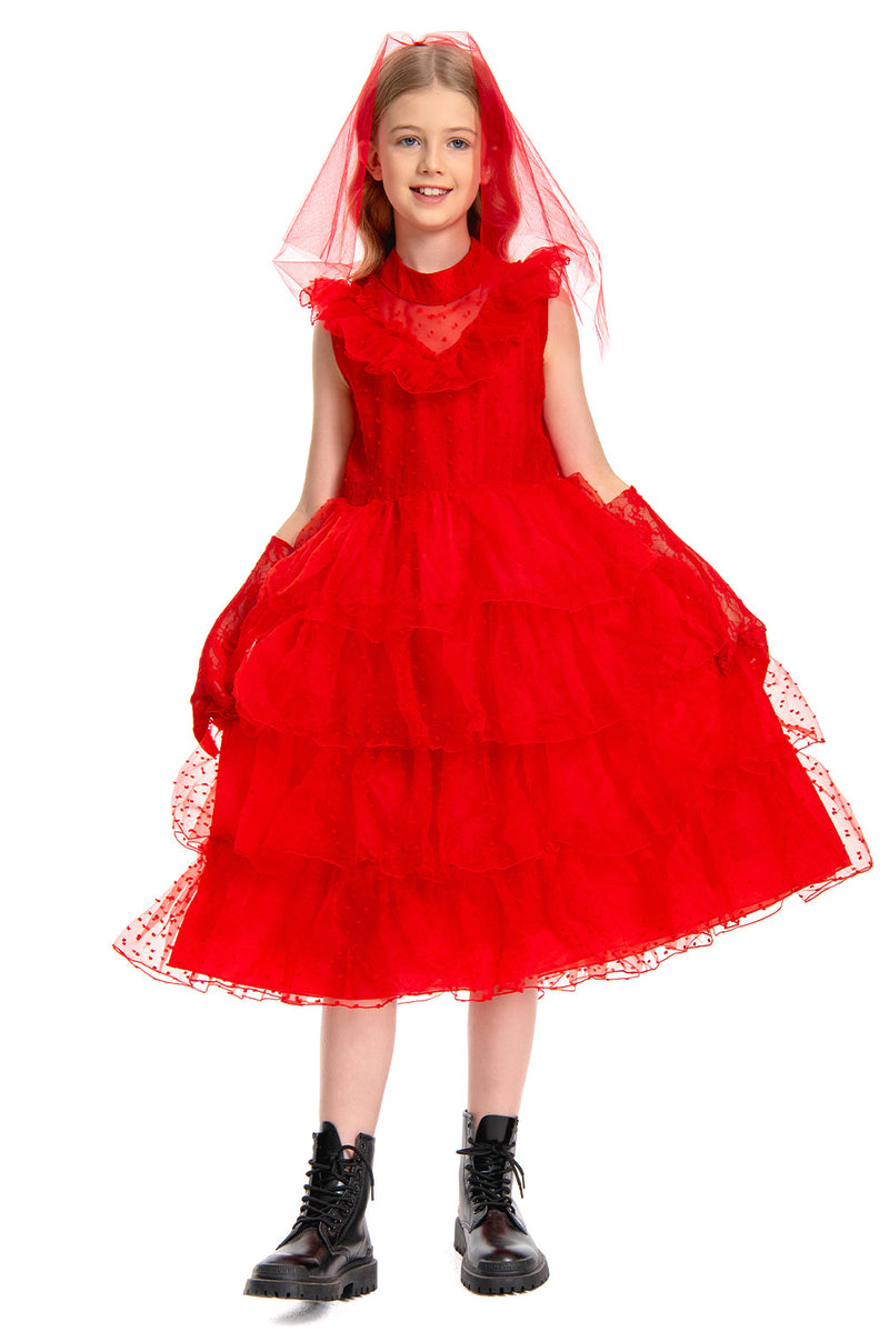 [Full In Stock] Beetlejuice:Red Dress Kid Lydia Dress Winona Ryder Costume Outfits Halloween Carnival Suit