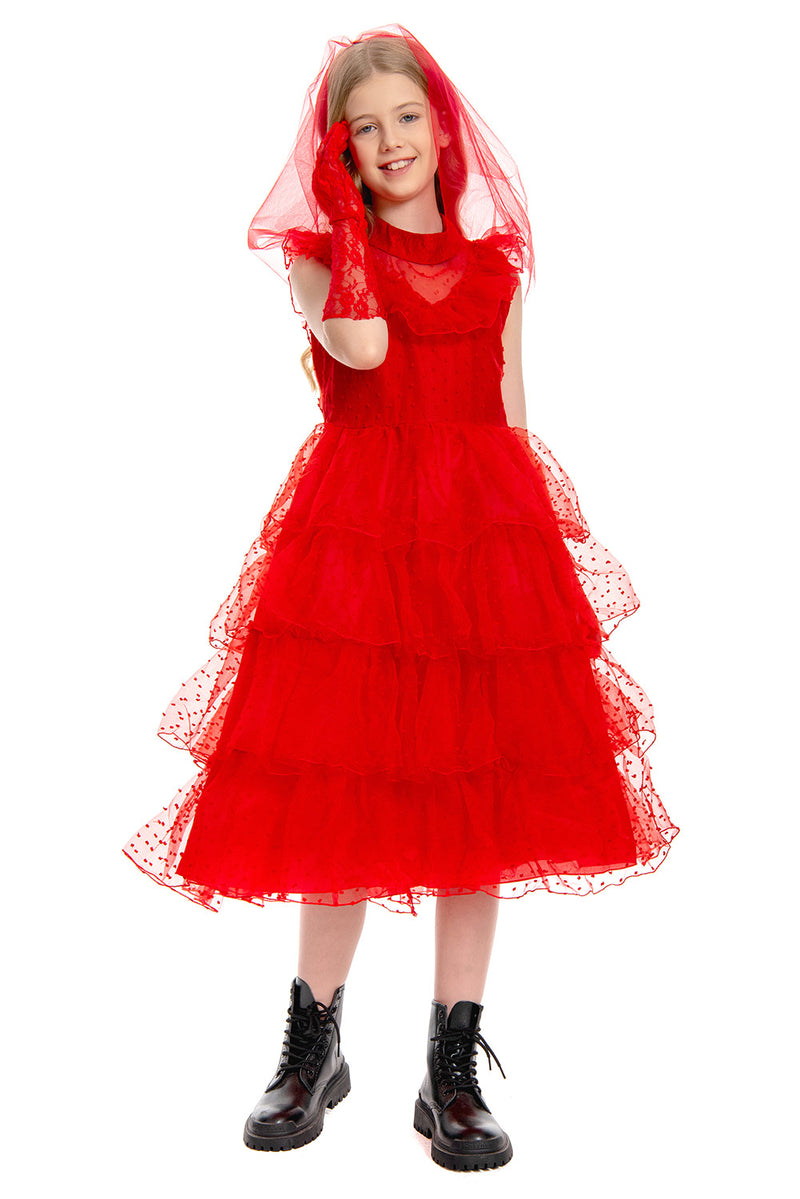 [Full In Stock] Beetlejuice:Red Dress Kid Lydia Dress Winona Ryder Costume Outfits Halloween Carnival Suit