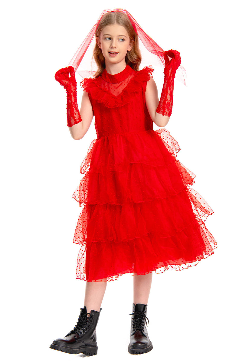 [Full In Stock] Beetlejuice:Red Dress Kid Lydia Dress Winona Ryder Costume Outfits Halloween Carnival Suit