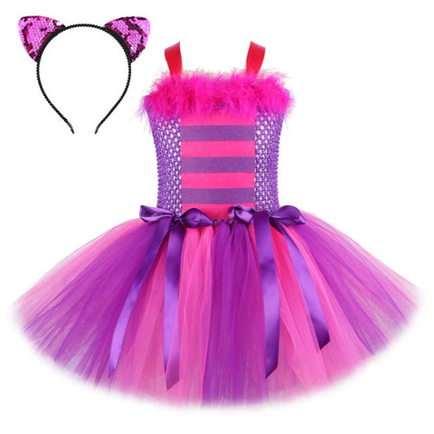 Purim costumes Cheshire Cat Cosplay Costume Kids Girls TuTu Dress Headband Outfits Carnival Party Suit GirlKidsCostume