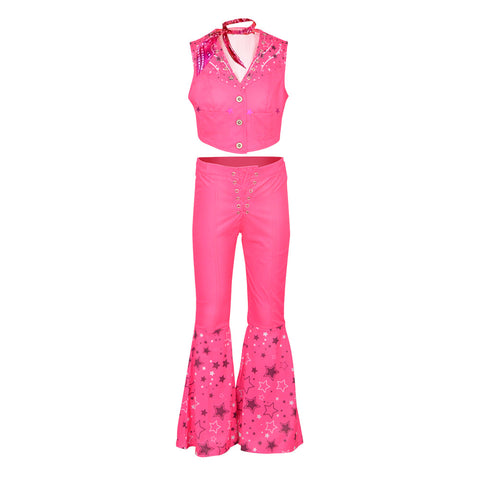 SeeCosplay 2023 Movie Kids Girls Pink Flared Pants Set Cosplay Costume 70S 80S Retro Hippes Outfits GirlKidsCostume