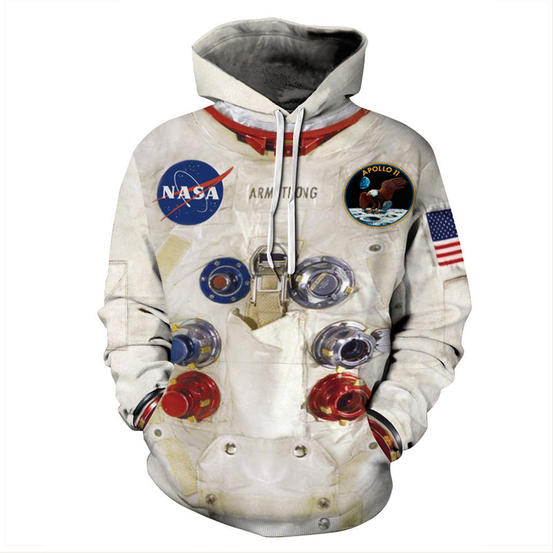 3D Astronaut Printing Hooded Sweater Long Sleeve Loose Pullover Hoodies for Couple White