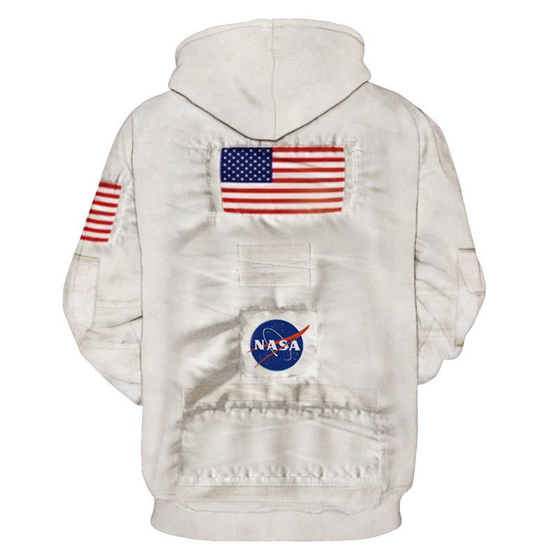 3D Astronaut Printing Hooded Sweater Long Sleeve Loose Pullover Hoodies for Couple White