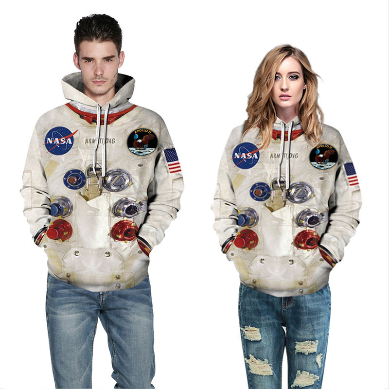 3D Astronaut Printing Hooded Sweater Long Sleeve Loose Pullover Hoodies for Couple White