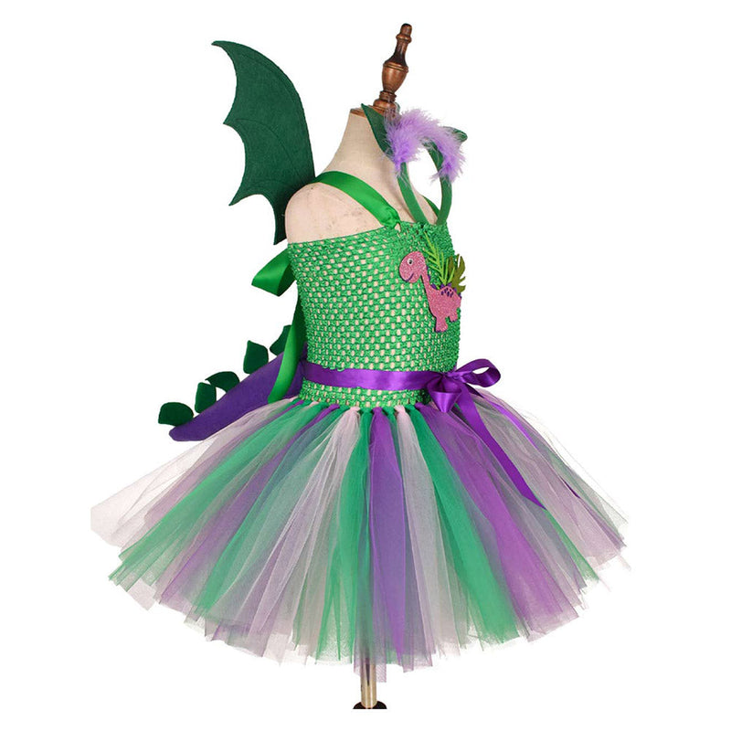 SeeCosplay Dinosaur Kids Girls Cosplay Costume Dress Tail Headband Outfits Halloween Carnival Party Suit GirlKidsCostume