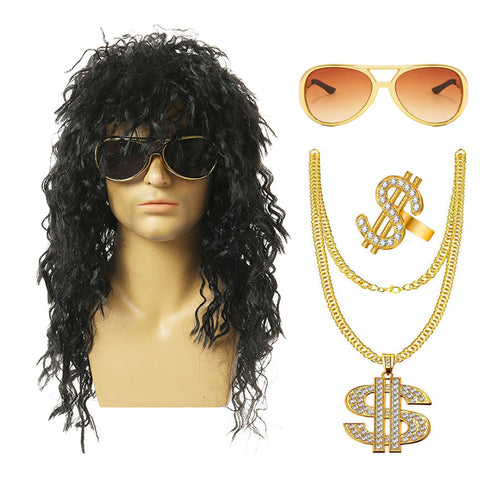 80s Cosplay Wig Long Curly Hair Wavy Wig Punk Men‘s Rock Headgear Masquerade Performance Props Costume Accessories