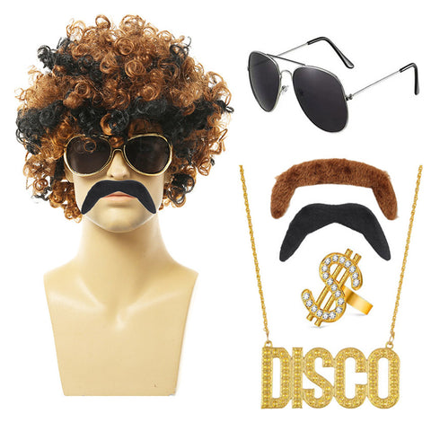 80s Cosplay Wig Long Curly Hair Wavy Wig Punk Men‘s Rock Headgear Masquerade Performance Props Costume Accessories