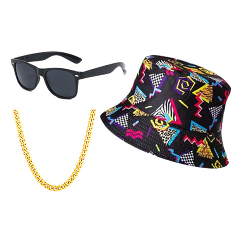 80s Vintage Printed Fisherman Hat Necklace Glasses Halloween Carnival Costume Accessories Gifts