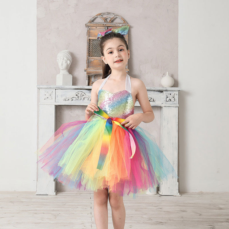 SeeCosplay Kids Girls Rainbow Cosplay Costume Dress Outfits Halloween Carnival Party Disguise Suit GirlKidsCostume