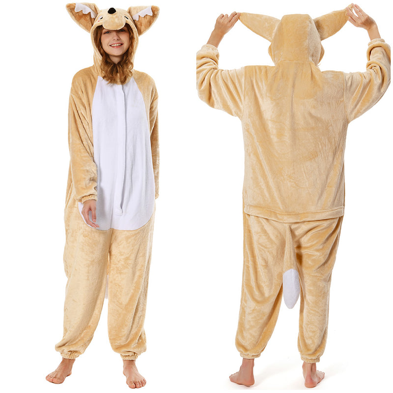 Adults Animal Pajamas Cartoon Fennec Fox Onesies Women Men Warm Flannel Hooded Sleepwear