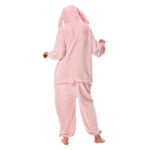 Adults Animal Pajamas Cartoon Rabbit Onesies Women Men Warm Flannel Hooded Sleepwear