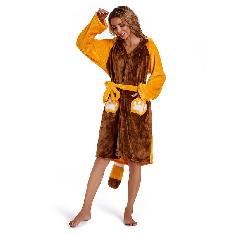 Adults Animal Pajamas Cartoon Red Panda Bathrobe Women Men Warm Flannel Sleepwear Robe Gown