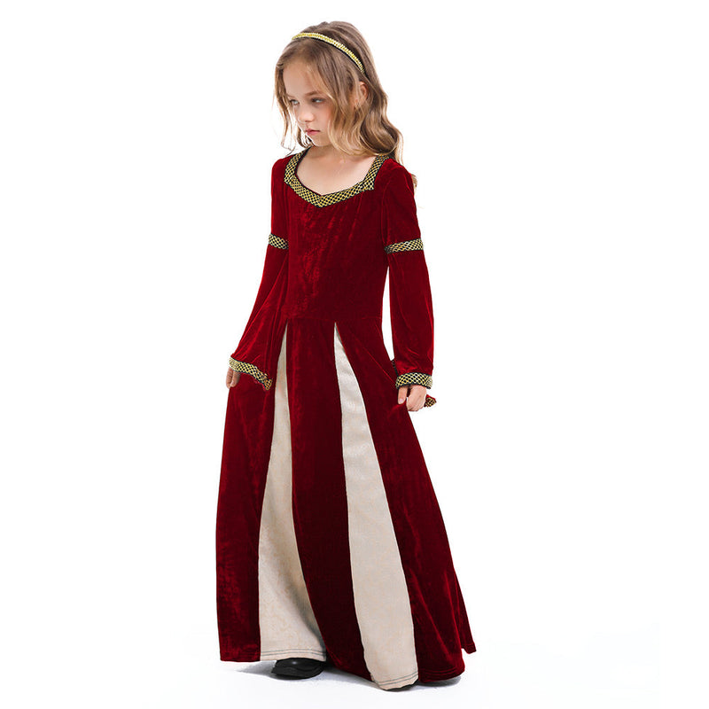 Purim costumes  Retro Medieval Kids Girls Red Dress Party Gown Costume Outfits Halloween Carnival Party Suit GirlKidsCostume