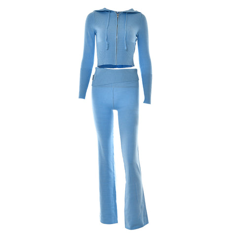 Bacmaze Knit Sets Two Piece Women Y2k Tracksuit Long Sleeve Zip Up Hoodie Jacket High Waist Pants Ou